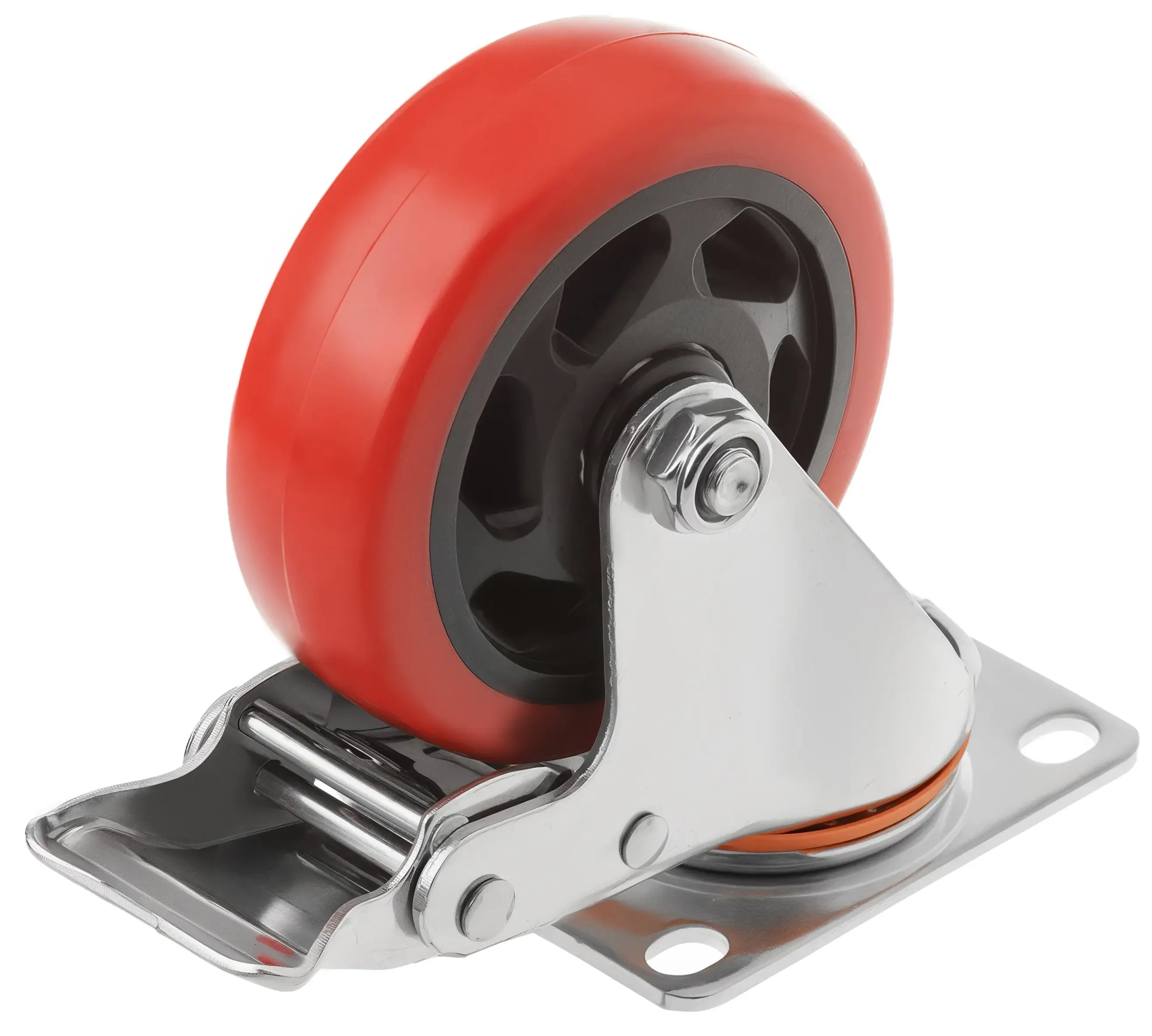 330100Sb - Полиуретановое красное колесо 100 мм (поворотн.площ, тормоз, двойной шарикоподш.)
